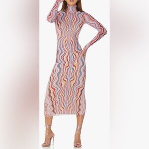 AFRM Shailene Long Sleeve Mesh Turtleneck Midi Dress, Multi Wave Print, sz M